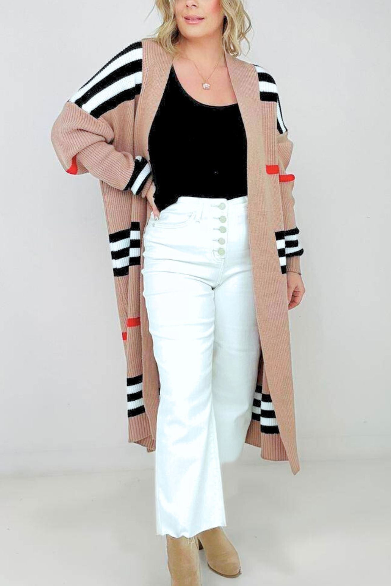 Contrast Striped Open Front Cardigan